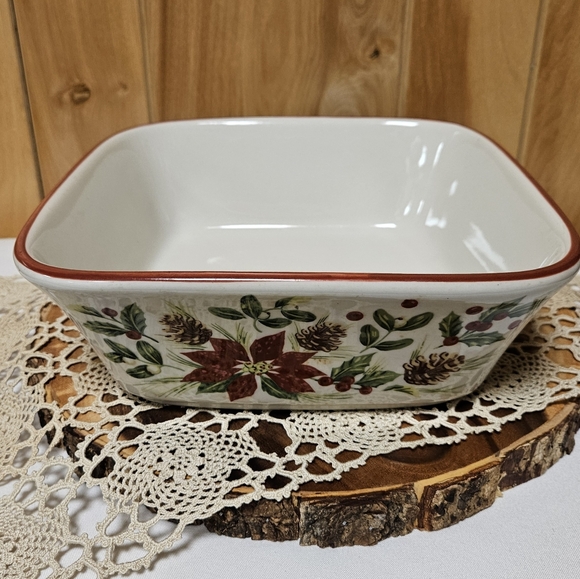 Longaberger Pottery Nature’s Garland Large Square Bowl Baker 9.5" Poinsettias - Picture 9 of 9
